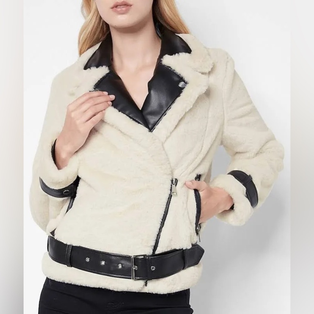 EXPRESS faux fur and leather trim moto jacket